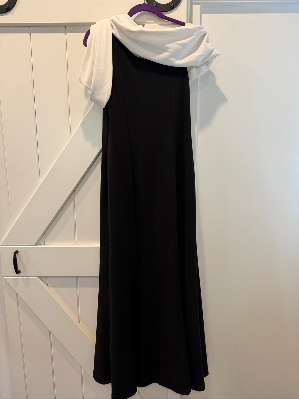 Tadashi Shoji Black Maxi Gown with White Draped Shoulder